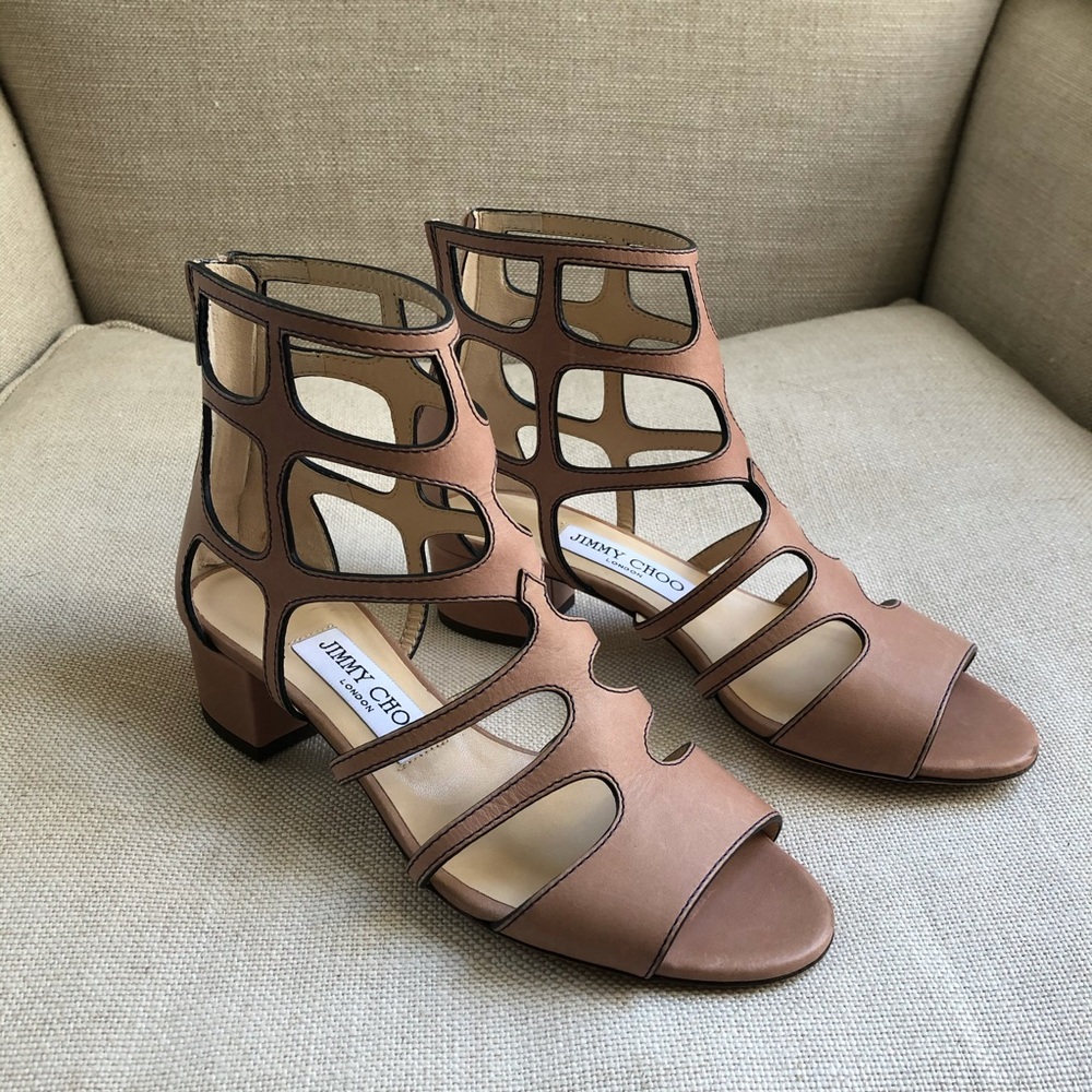 Jimmy Choo Sandals Caged Leather Ren Block Nude 6 - Picture 2 of 8